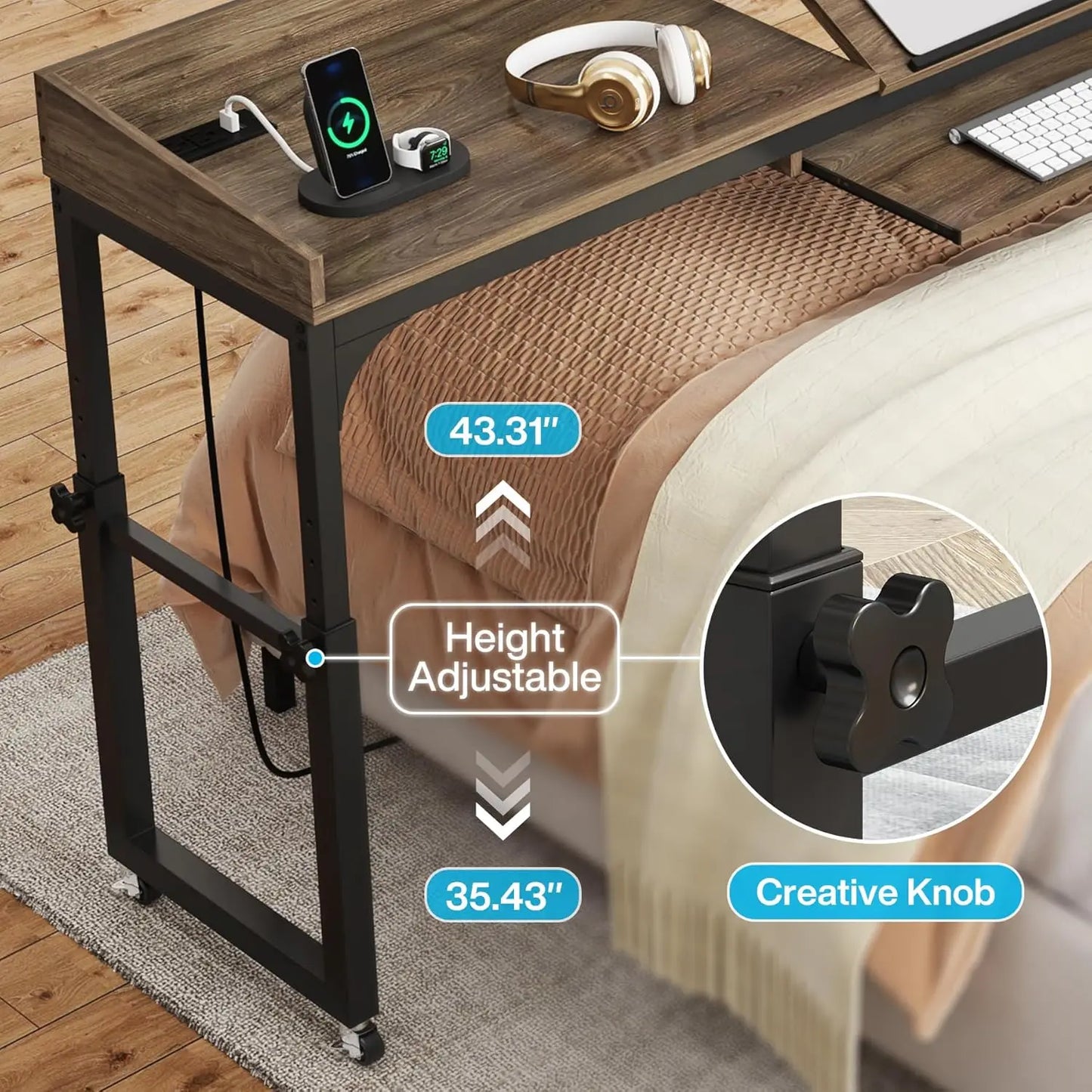 Adjustable Overbed Table with Wheels, Queen Size Over Bed Desk