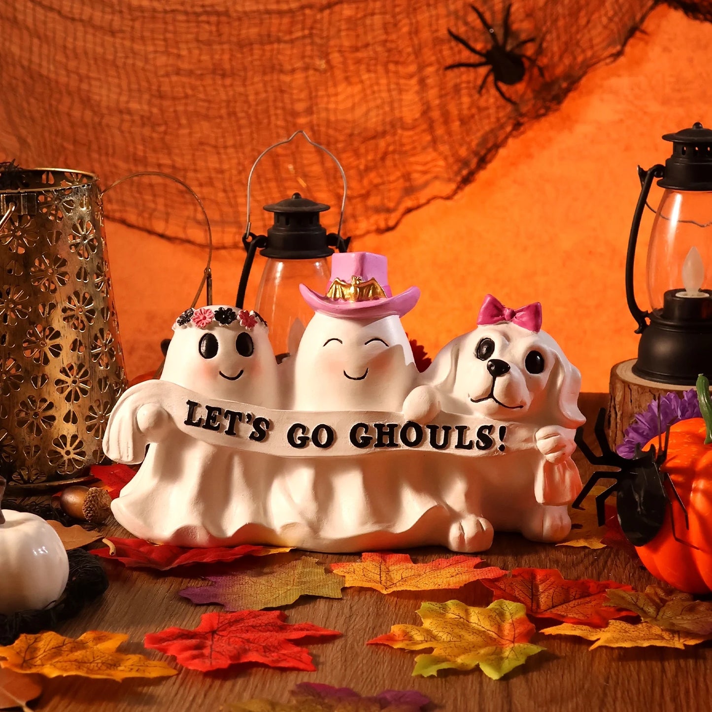 Pink Bow Spooky Ghost Puppy Group Figurine, Ornament