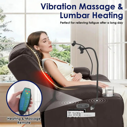 PU Leather Dual Reclining Loveseat, Vibration, Heating, LED Base Lights, USB Ports