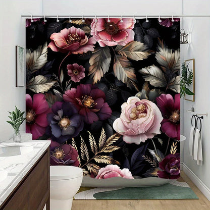 Magenta, Pink, Purple, White Flowers on Black, Polyester, Shower Curtain
