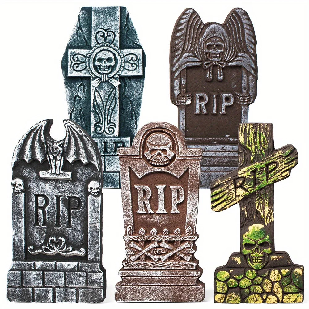 5pc - 17'' Halloween Foam RIP Graveyard Tombstones with Stakes,
