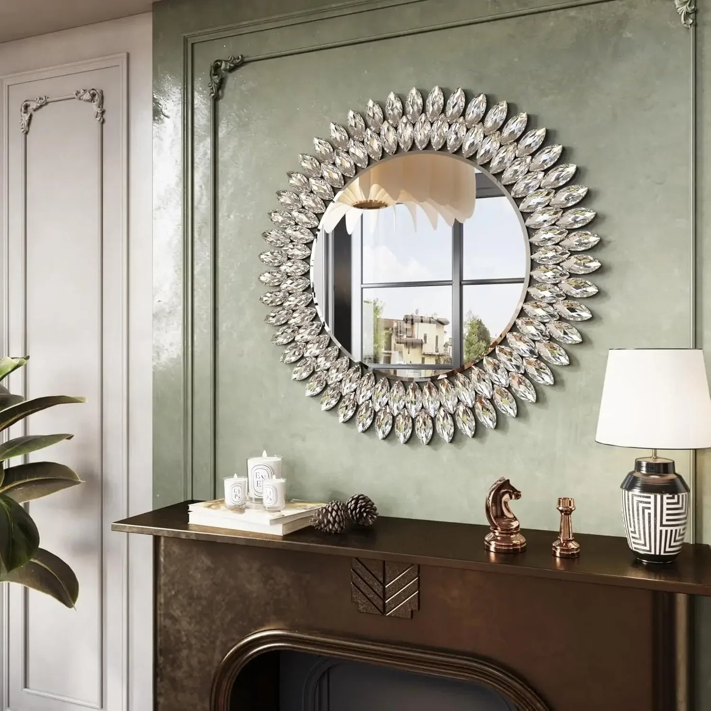 26" Round, Beveled Diamond Jeweled Mirror