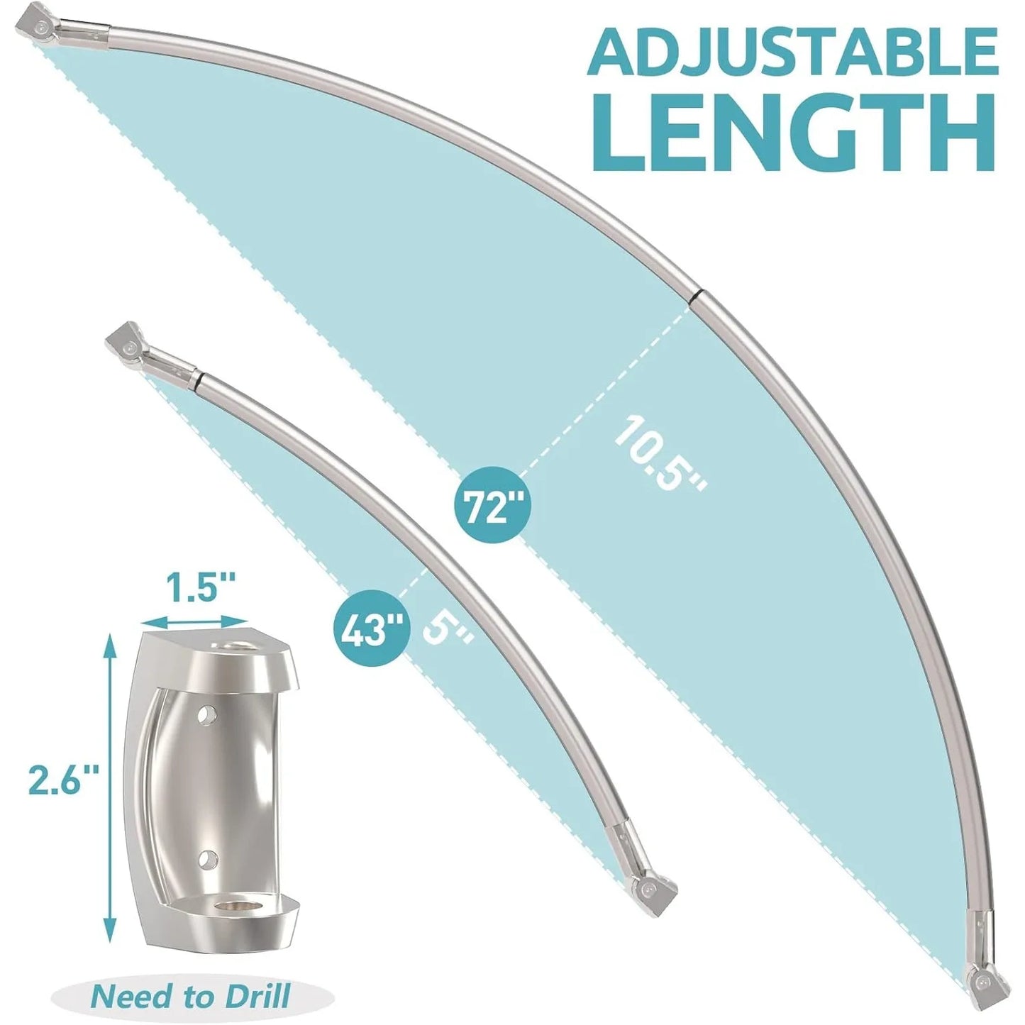 Adjustable 43"-72"Curved Shower Curtain Rod, Rustproof Aluminum