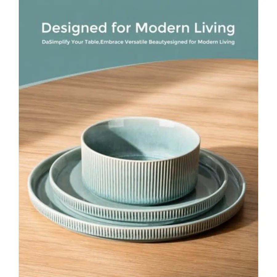 12pc Scratch-Resistant, Stoneware Set (4), Ribbed Ceramic Plates and Bowls