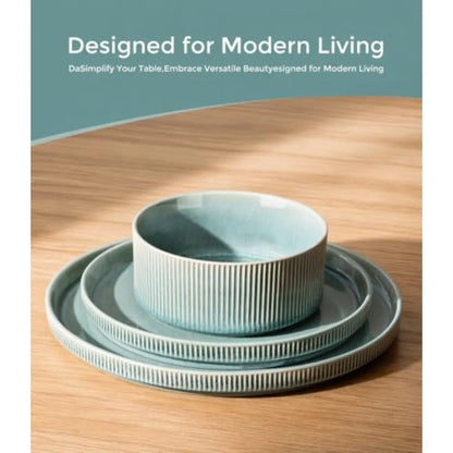 12pc Scratch-Resistant, Stoneware Set (4), Ribbed Ceramic Plates and Bowls