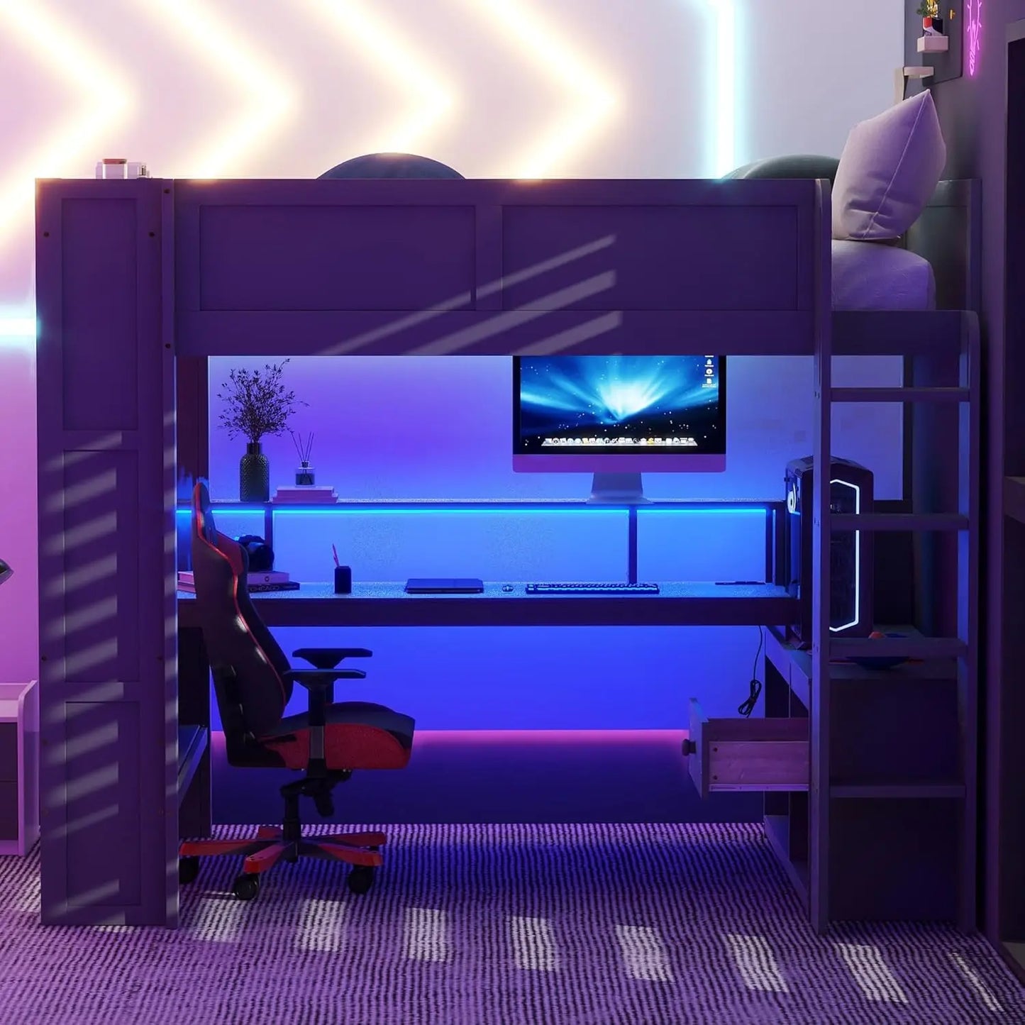 Full Wood Gaming Loft, Bed, Desk, Storage Shelves, LED, Charging