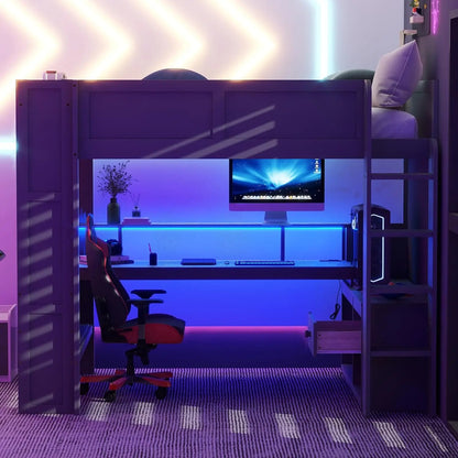 Full Wood Gaming Loft, Bed, Desk, Storage Shelves, LED, Charging