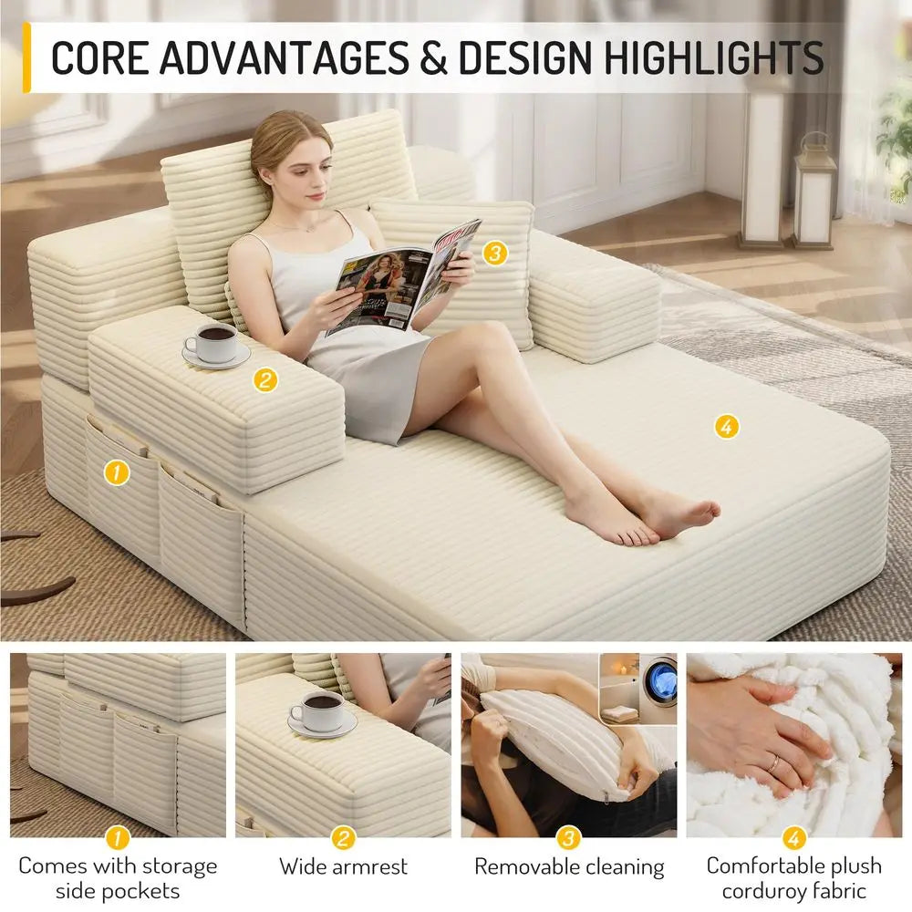 Oversized Boneless Convertible Chaise Lounge, Corduroy, 3 Pillows