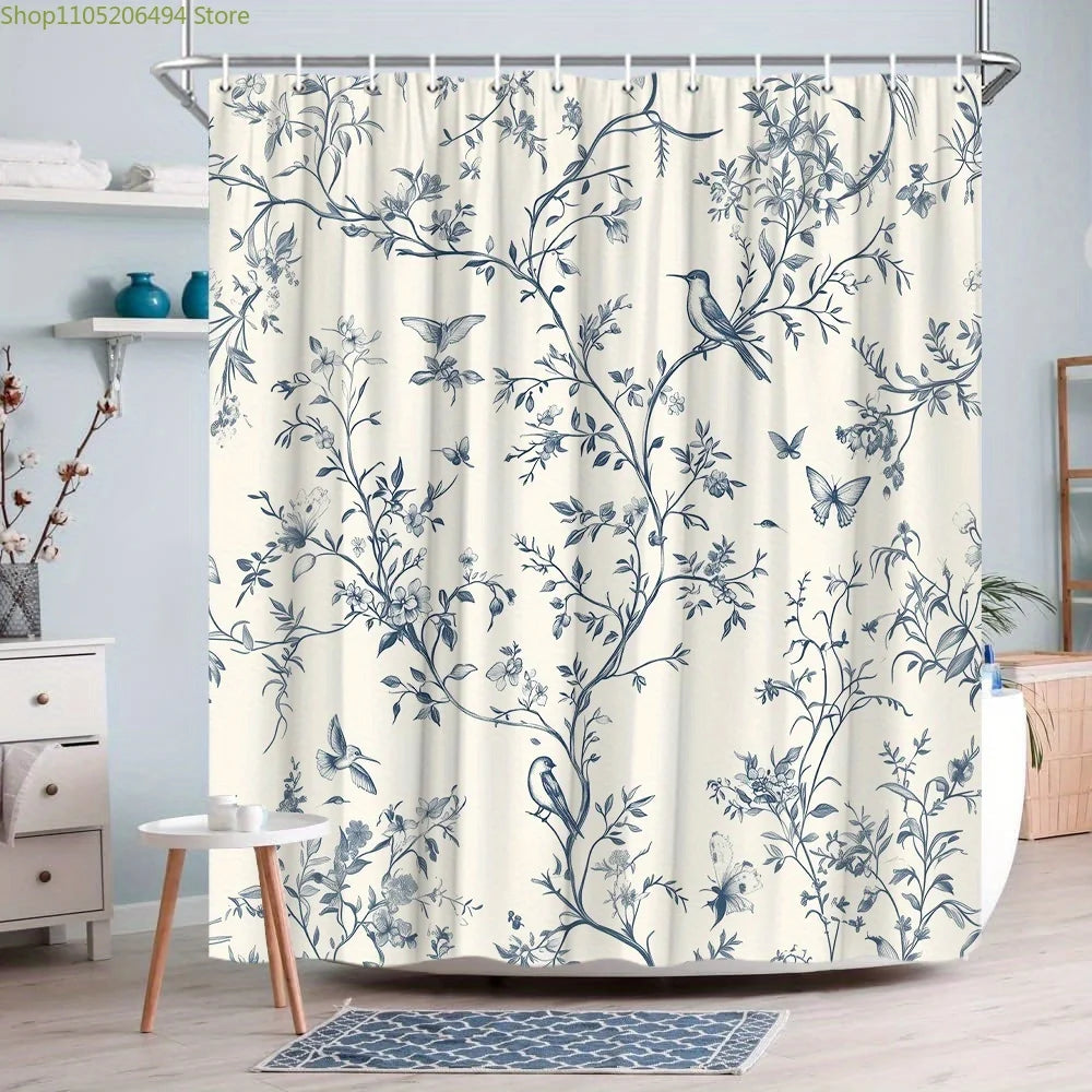 Vintage Floral Shower Curtain - Elegant Blue Branches & Birds