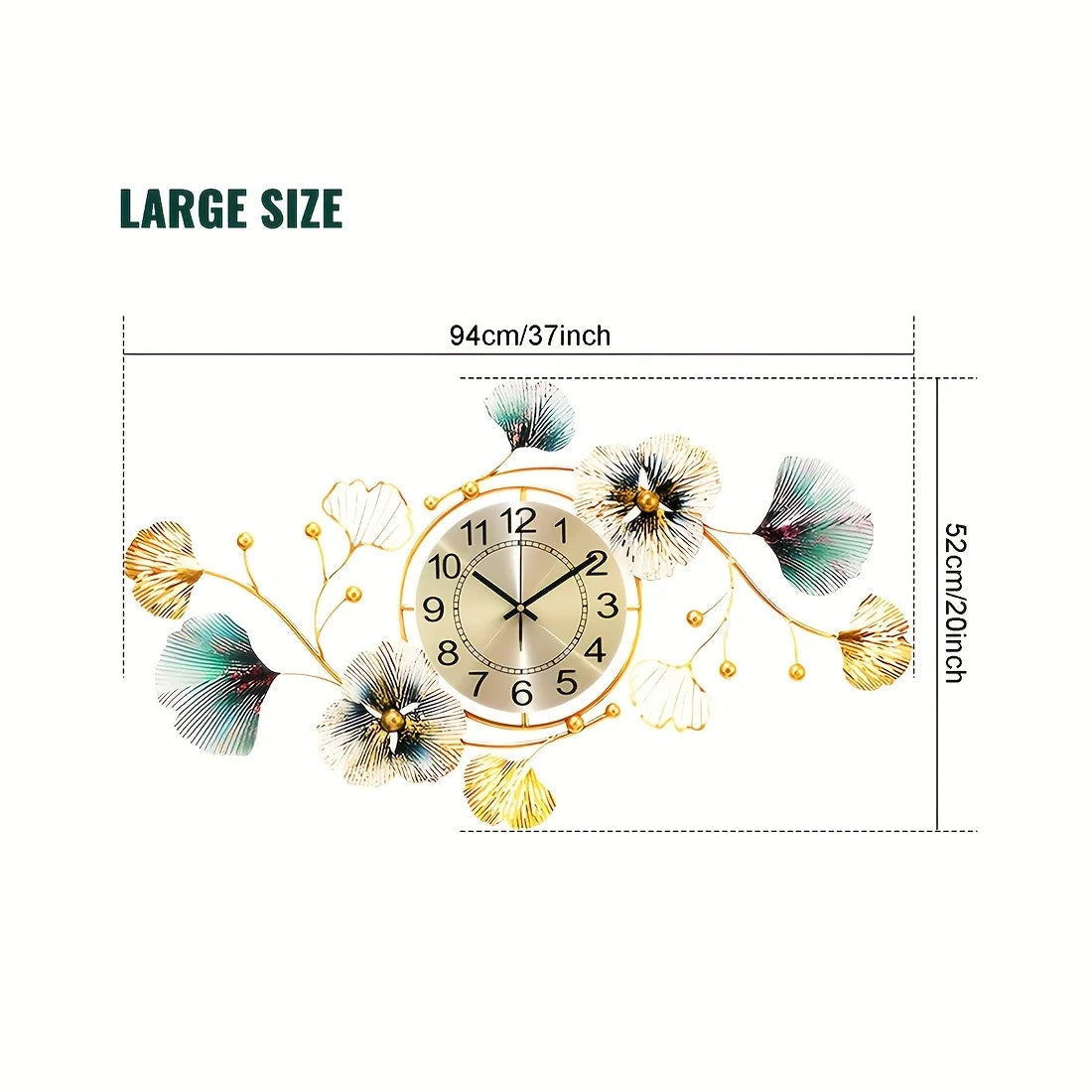 Golden Modern 3D Ginkgo Leaf Wall Clock, 37"x20 "