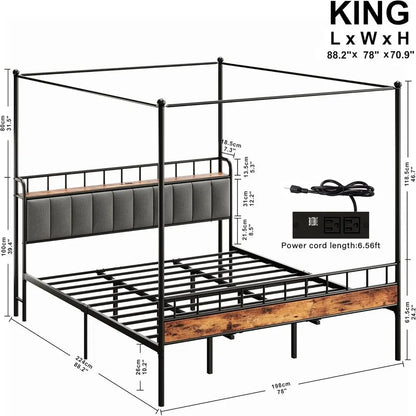Queen Canopy Bed Frame, Storage and Headboard w/Charging Station
