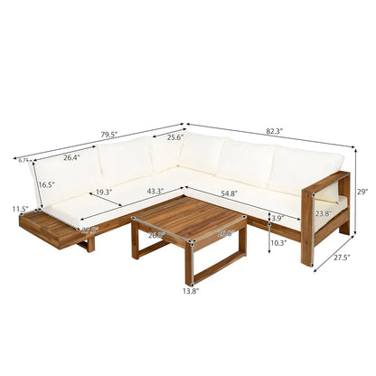4 pc Acacia Wood Outdoor Sectional Slatted Sofa Set w/Cushions
