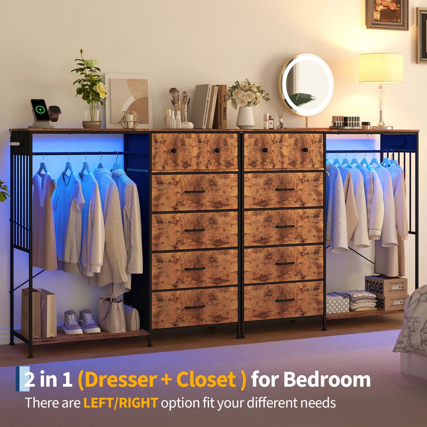 Reversible 6 Drawers Hanging Rack Dresser w/LED, USB