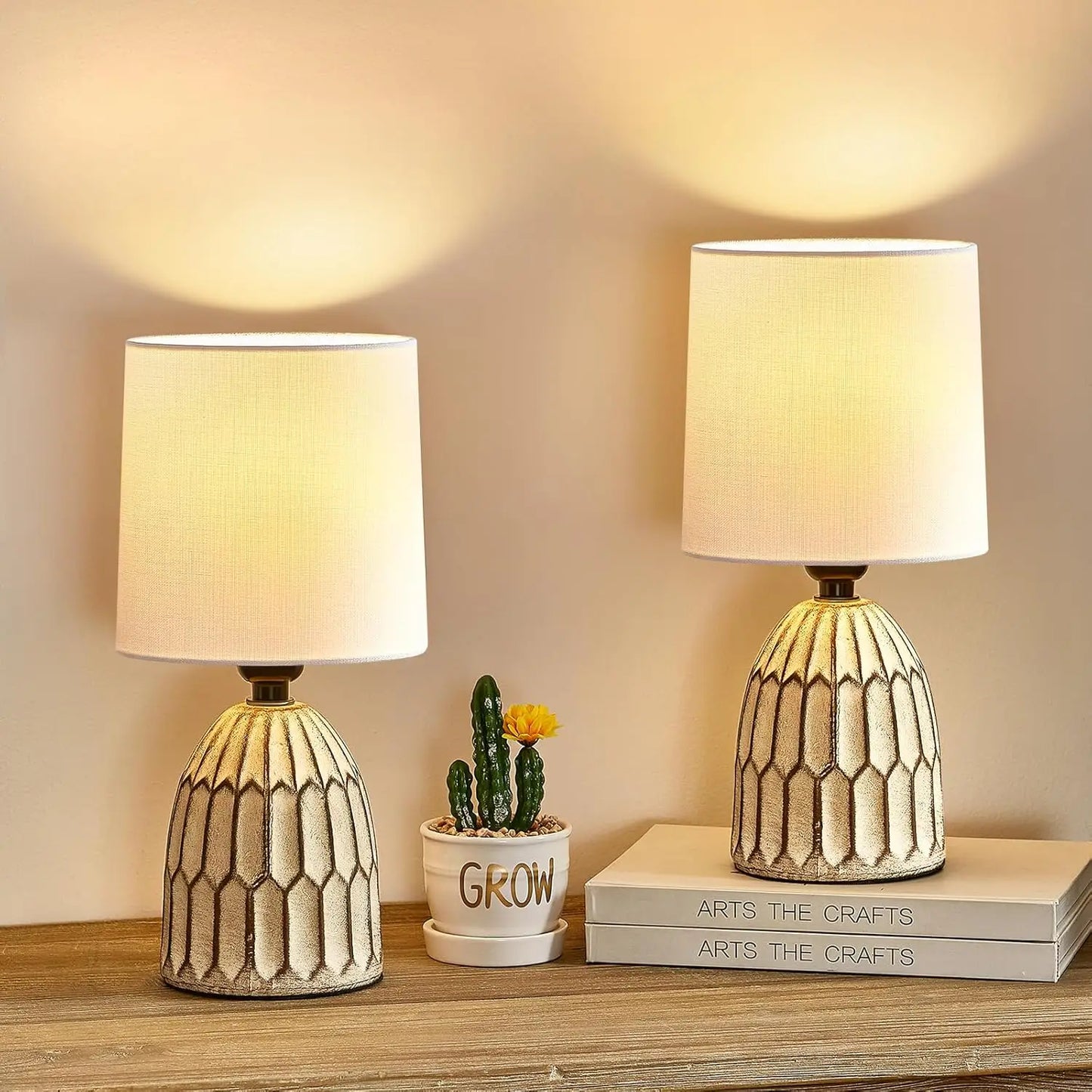 Set (2) 13.5" Farmhouse, Vintage Ceramic Lamps, Hand-Painted