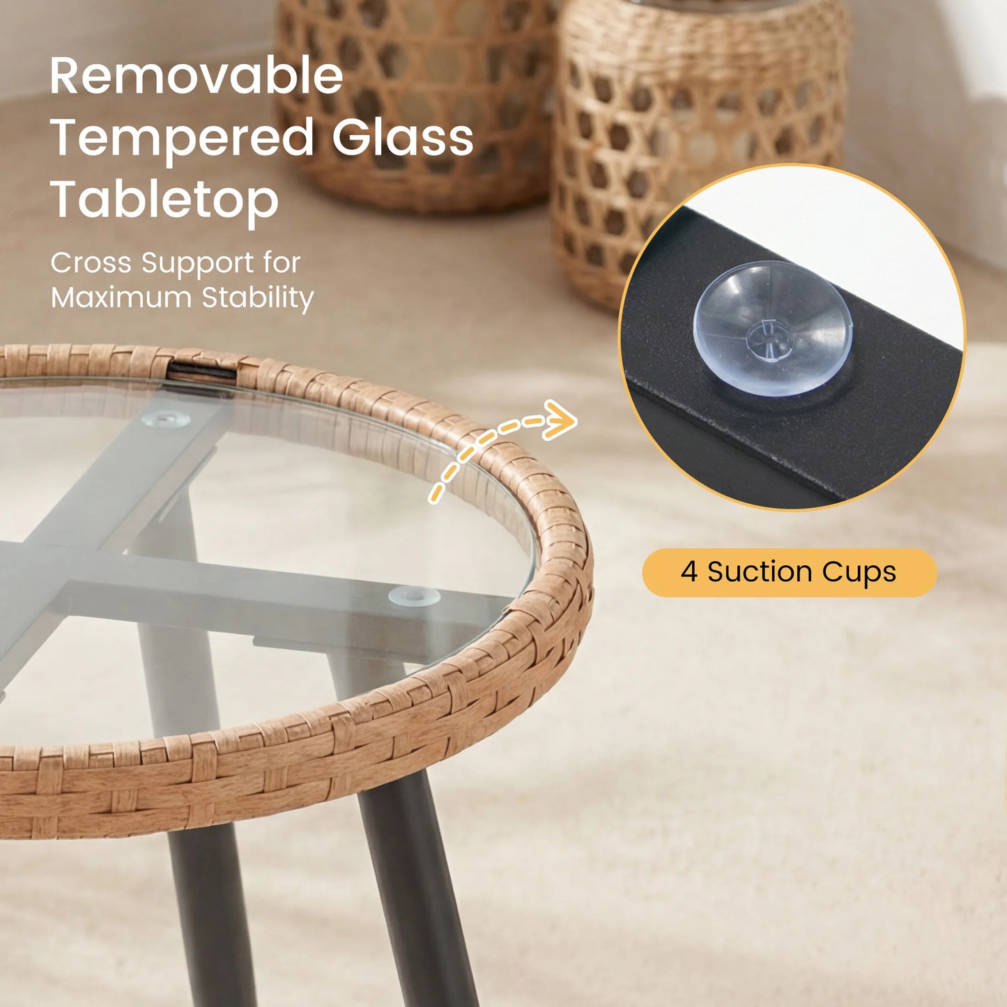 3pc Wicker Outdoor Set w/Soft Cushion, Glass Table
