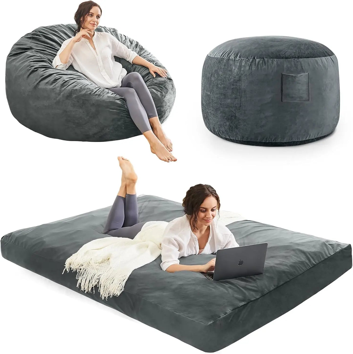 Convertible Bean Bag Chair to Bed, Microfiber Cover w/Foam Filler
