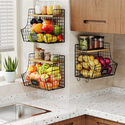 3 Produce and General Kitchen Storage Wire Baskets w/Lids