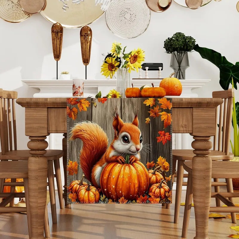 13"x90"Fall Harvest Pumpkin Squirrel Thanksgiving Day Table Runner with Maple Leaves