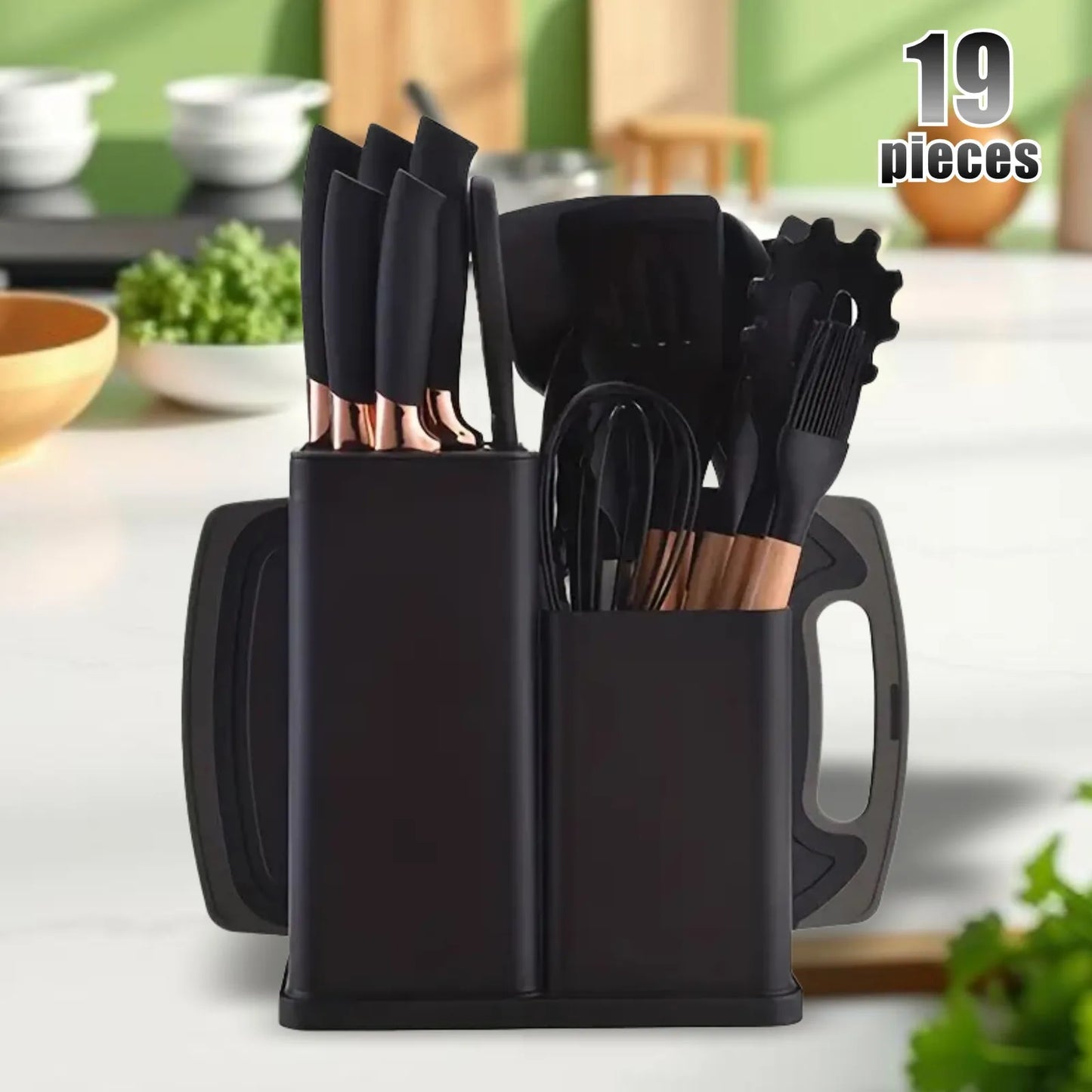 19pc Kitchen Knives and Silicone Utensils w/Holder