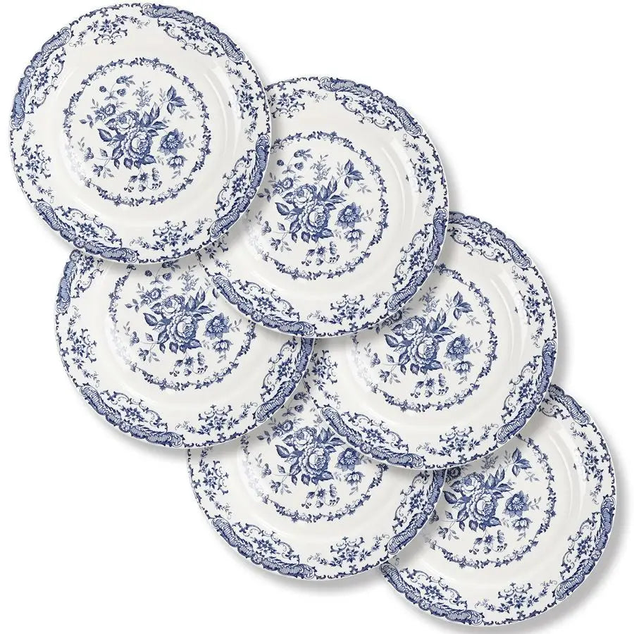 Ceramic Diner Plates Set of 6, Microwave Safe, Blue Rose/White
