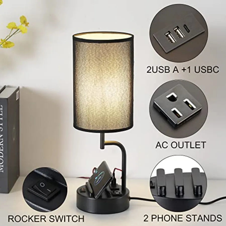 Table Lamp Set with 3 USB Charging Ports, AC Outlet and Phone Stands