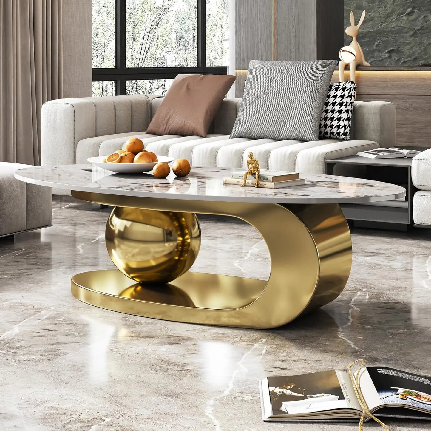Modern, Oval Living Room Table w/ Faux Marble Top