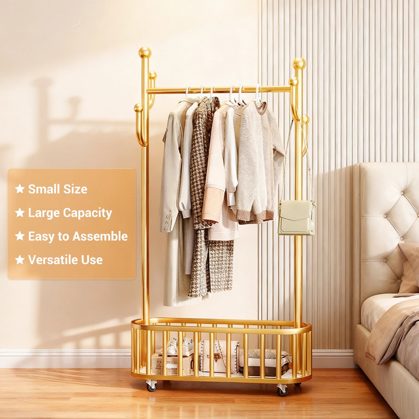 Movable Clothes Rail, Hanging Coat Rack with Storage Basket