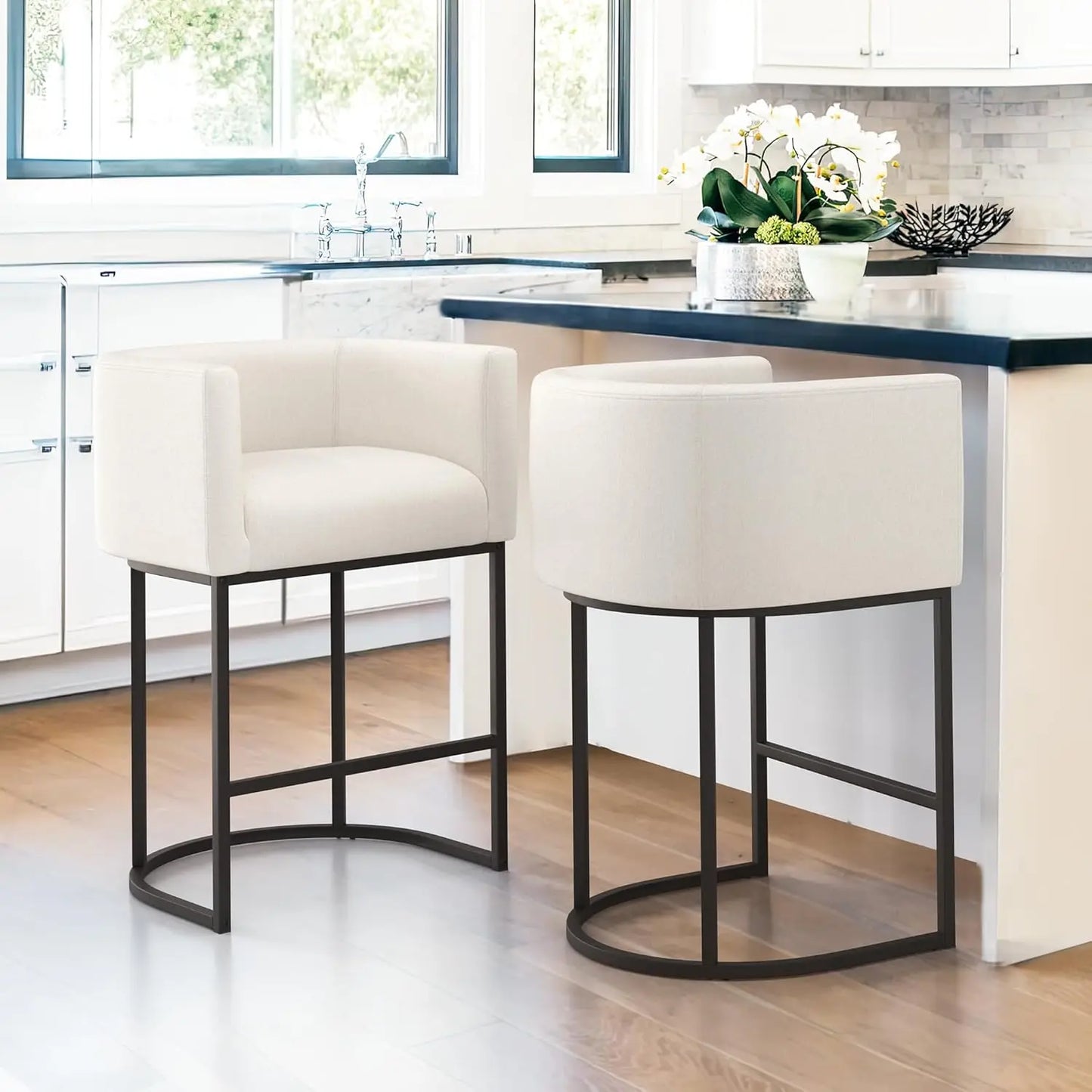 Set (2) 27" Modern Counter Stools w/Backrest and Arms, Black Frames