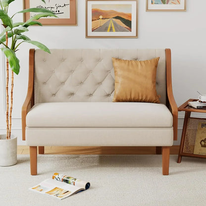 Modern Upholstered Loveseat with Natural Rattan Arms