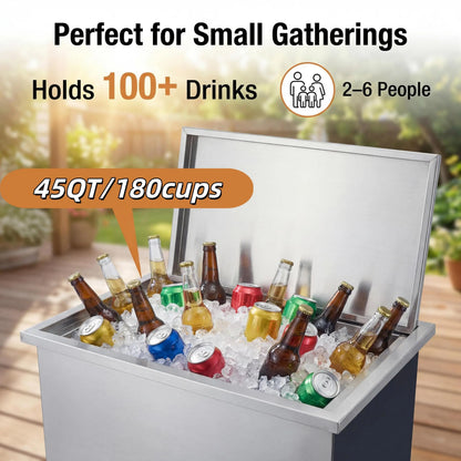 Large 45qt Capacity Stainless Steel Drop-in Ice Bin w/Lid & Drainpipe