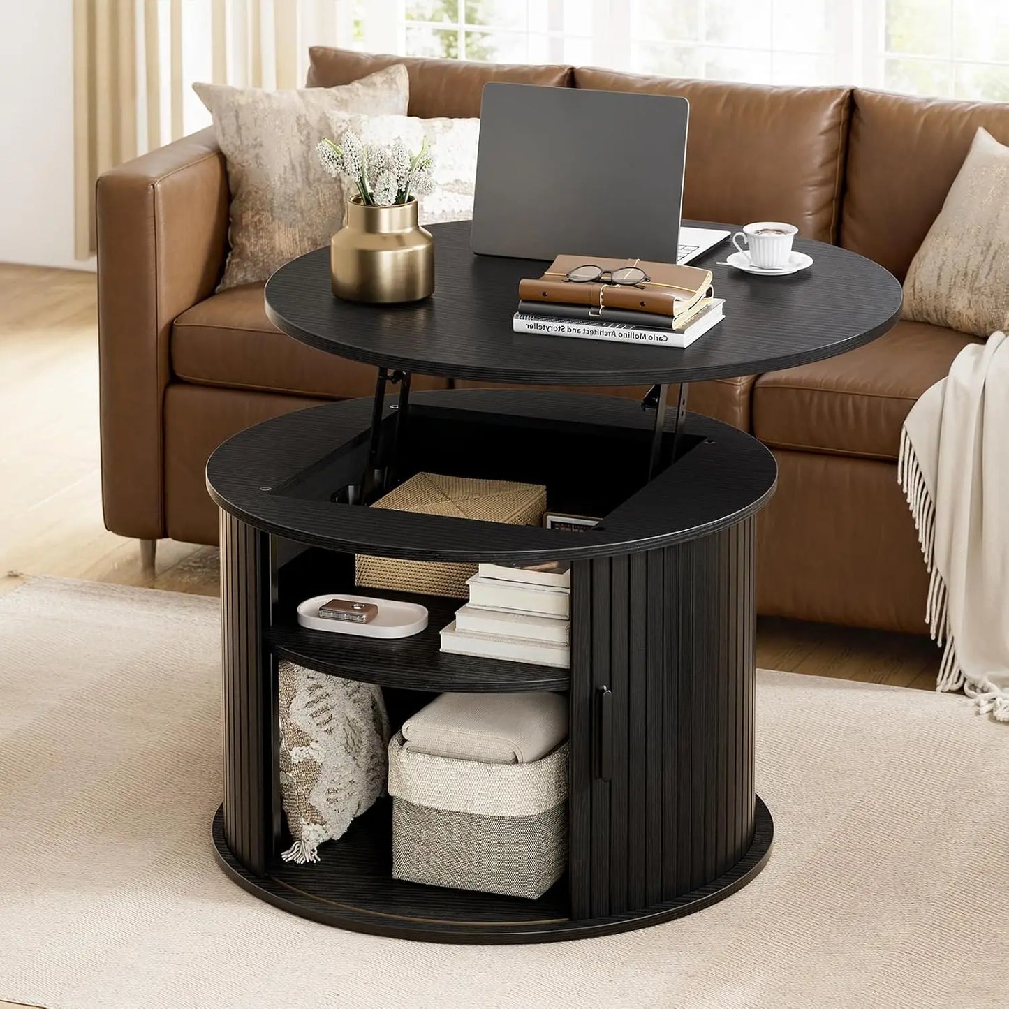 Fluted Round Lift Top Coffee Table w/Hidden Storage, Shelves