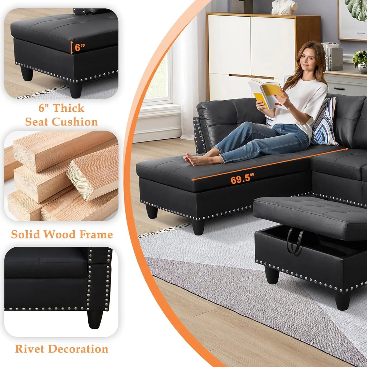 Modern L=shape 4-Seaters Couch w/Chaise Lounge, Ottoman & 2 Pillows