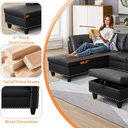 Modern L=shape 4-Seaters Couch w/Chaise Lounge, Ottoman & 2 Pillows