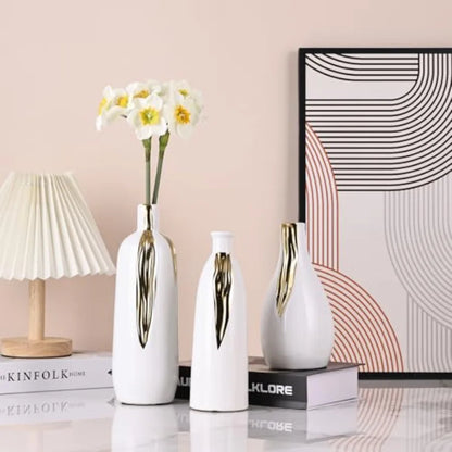 Ceramic Vase 3 Pcs Set, White and Gold Vases