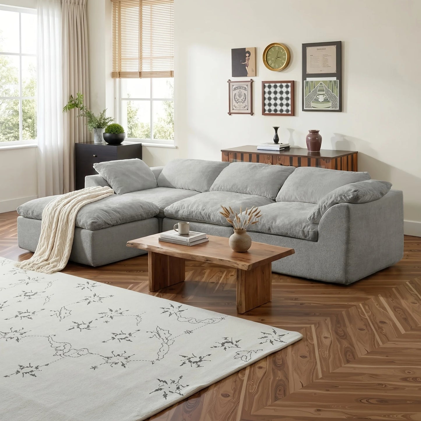 L-Shaped Modular Sofa, Boneless Design, Ultra-Soft Comfort, Ottoman