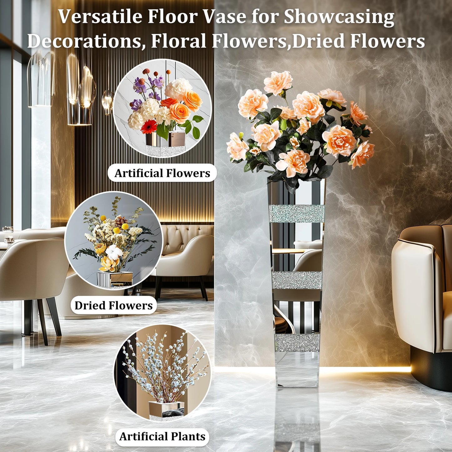 Tall Crystal Mirrored Diamond Floor Flower Vase