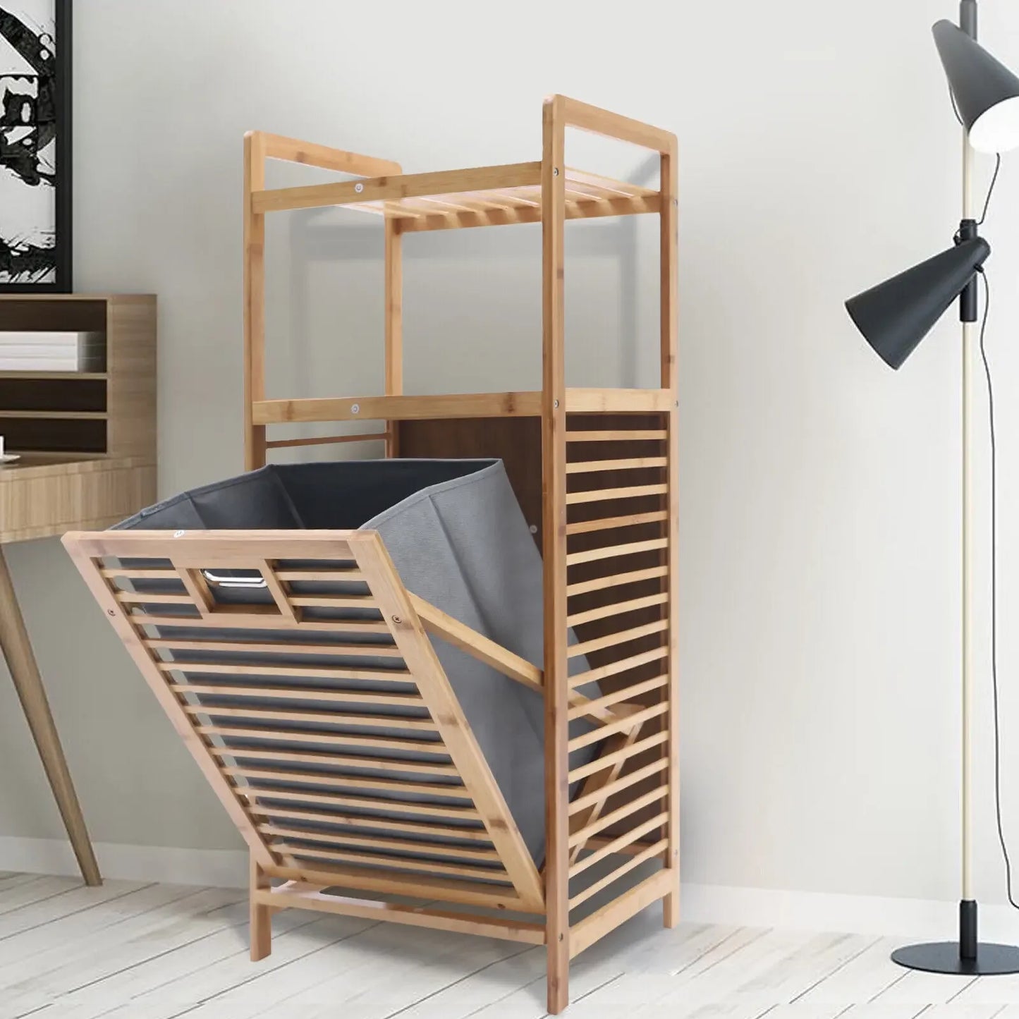 Tilt-Out Bamboo Laundry Hamper with 2-Tier Shelf