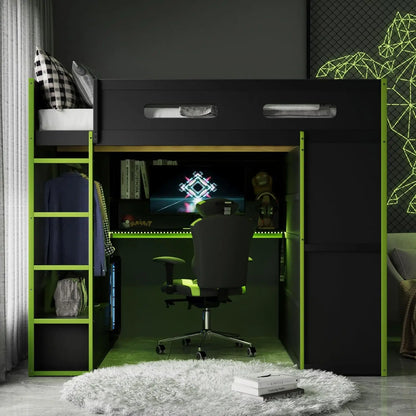 Full Wood Gaming Loft, Bed, Desk, Storage Shelves, LED, Charging