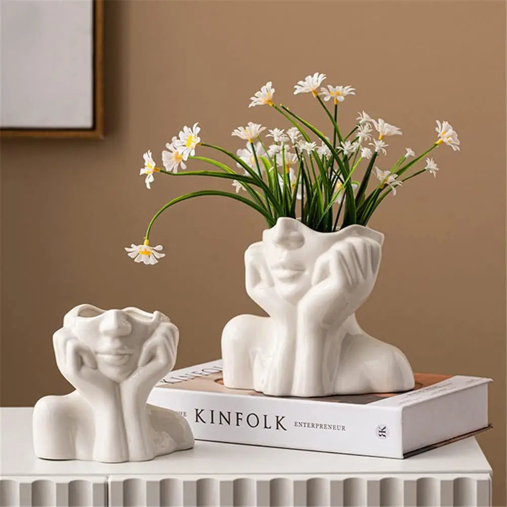 Unique White Flower Ceramic Female Face Vase