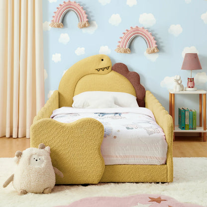 Twin Dinosaur Shaped Bed Frame, Boucle Fabric Toddler Platform Bed w/Safety Guardrails, Solid Wood