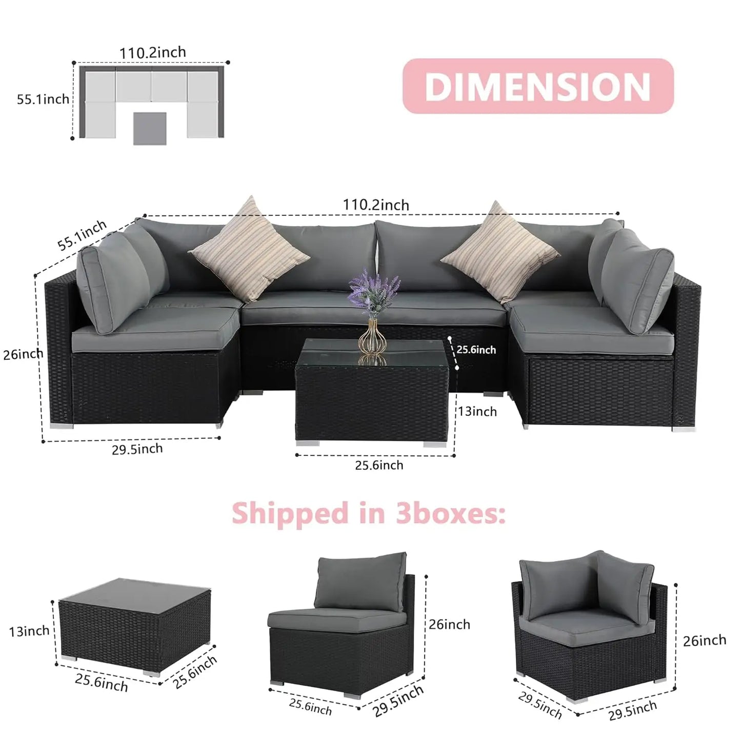 7pc Patio Sectional Wicker Sofa Set, All-Weather Cushions, Glass Table