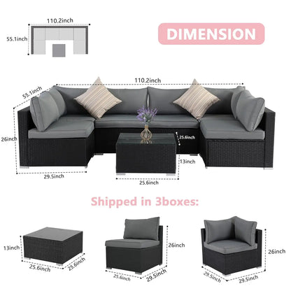 7pc Patio Sectional Wicker Sofa Set, All-Weather Cushions, Glass Table