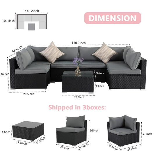 7pc Patio Sectional Wicker Sofa Set, All-Weather Cushions, Glass Table