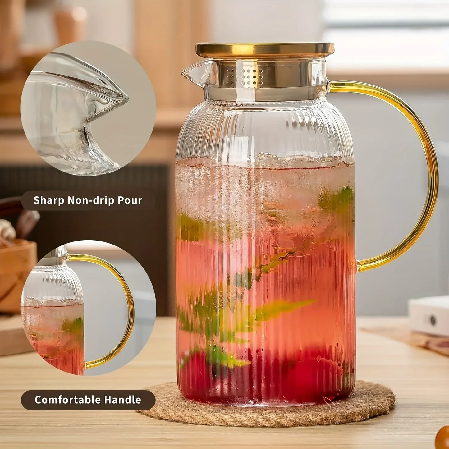 2/4pk Glass Pitcher 68 Oz/2 Liter Classic Vertical Stripes w/Lid