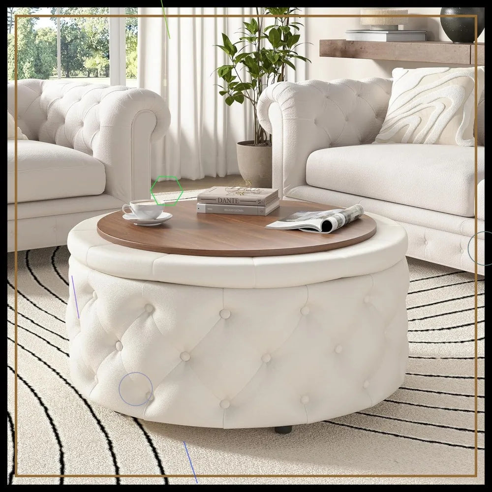 30 Inch Round Storage Ottoman, Coffee Table, Footstool