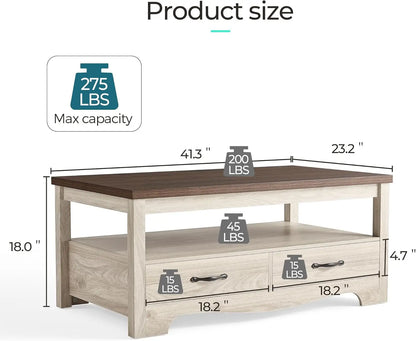 Farmhouse Coffee Table with Storage, Drawers