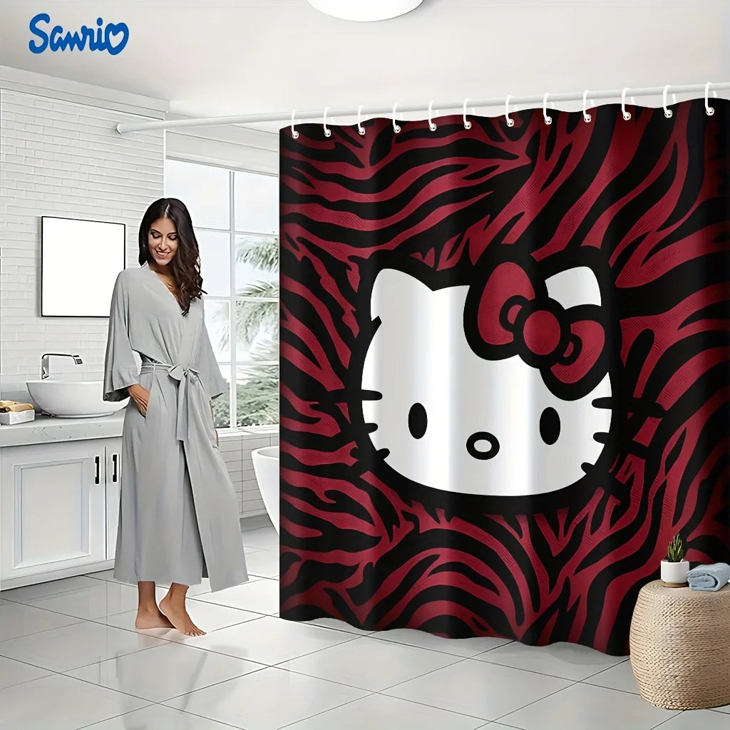 Hello Kitty Pattern Shower Curtain with 12 Hooks