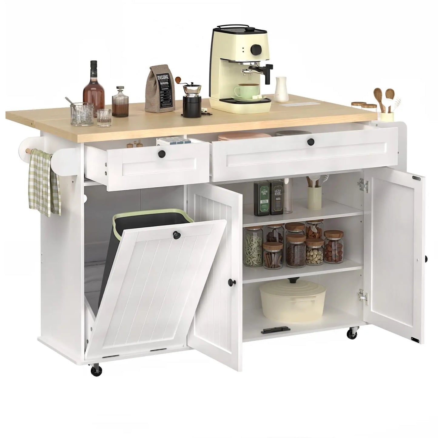 60" Rolling Kitchen Island Table, Drop Leaf w/Power Outlet