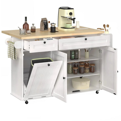 60" Rolling Kitchen Island Table, Drop Leaf w/Power Outlet
