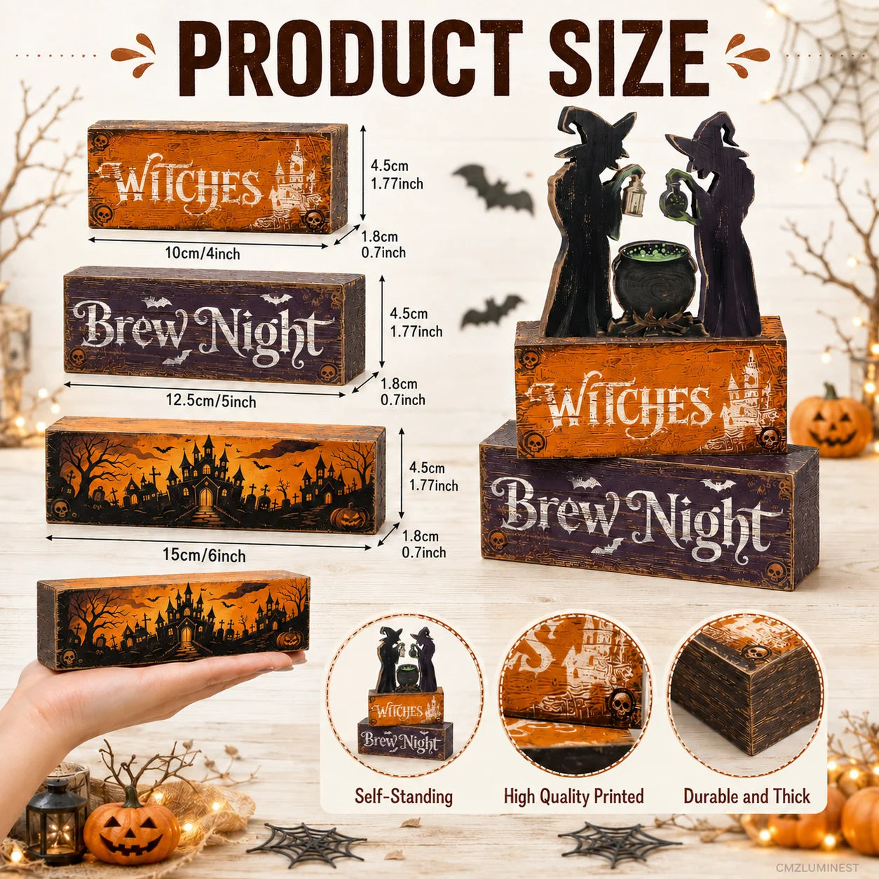 Rustic Witch Hat Table Decorations - Artificial Wood Layered Tray Centerpiece